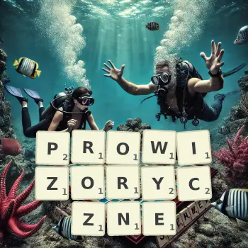 Kreatywna ilustracja do gry w Scrabble ze słowem PROWIZORYCZNE ułożonym z płytek na planszy.