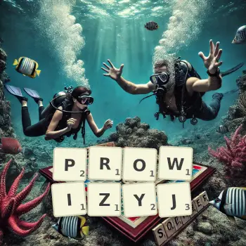 Kreatywna ilustracja do gry w Scrabble ze słowem PROWIZYJ ułożonym z płytek na planszy.