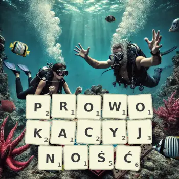 Kreatywna ilustracja do gry w Scrabble ze słowem PROWOKACYJNOŚĆ ułożonym z płytek na planszy.