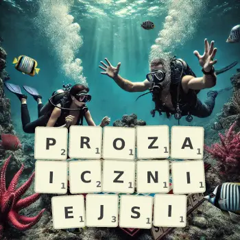 Kreatywna ilustracja do gry w Scrabble ze słowem PROZAICZNIEJSI ułożonym z płytek na planszy.