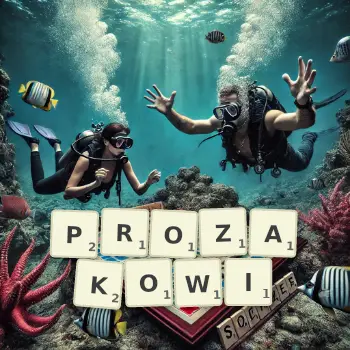 Kreatywna ilustracja do gry w Scrabble ze słowem PROZAKOWI ułożonym z płytek na planszy.