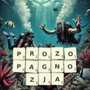 Kreatywna ilustracja do gry w Scrabble ze słowem PROZOPAGNOZJA ułożonym z płytek na planszy.