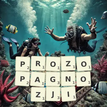 Kreatywna ilustracja do gry w Scrabble ze słowem PROZOPAGNOZJI ułożonym z płytek na planszy.