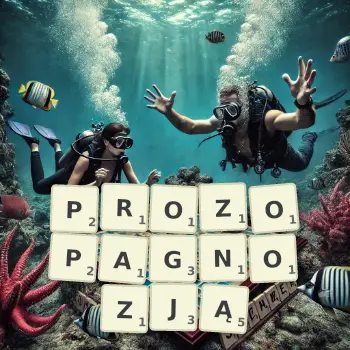 Kreatywna ilustracja do gry w Scrabble ze słowem PROZOPAGNOZJĄ ułożonym z płytek na planszy.