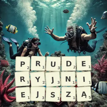 Kreatywna ilustracja do gry w Scrabble ze słowem PRUDERYJNIEJSZĄ ułożonym z płytek na planszy.