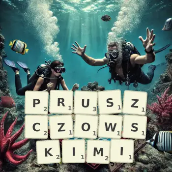 Kreatywna ilustracja do gry w Scrabble ze słowem PRUSZCZOWSKIMI ułożonym z płytek na planszy.