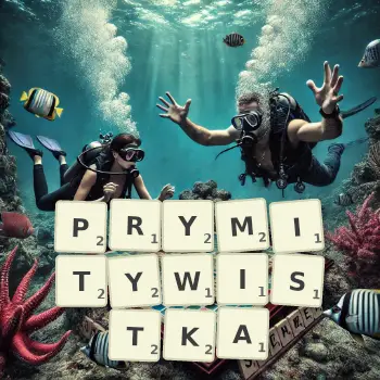Kreatywna ilustracja do gry w Scrabble ze słowem PRYMITYWISTKA ułożonym z płytek na planszy.