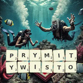 Kreatywna ilustracja do gry w Scrabble ze słowem PRYMITYWISTO ułożonym z płytek na planszy.