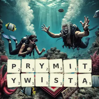 Kreatywna ilustracja do gry w Scrabble ze słowem PRYMITYWISTĄ ułożonym z płytek na planszy.