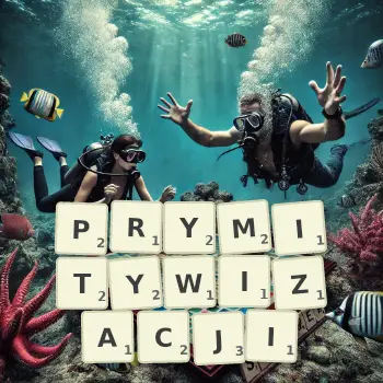 Kreatywna ilustracja do gry w Scrabble ze słowem PRYMITYWIZACJI ułożonym z płytek na planszy.