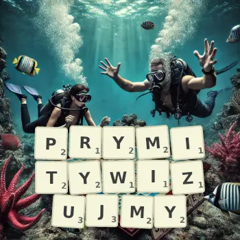 Kreatywna ilustracja do gry w Scrabble ze słowem PRYMITYWIZUJMY ułożonym z płytek na planszy.