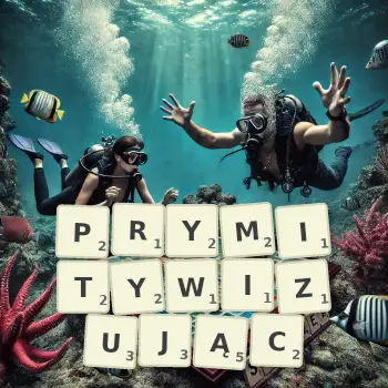 Kreatywna ilustracja do gry w Scrabble ze słowem PRYMITYWIZUJĄC ułożonym z płytek na planszy.
