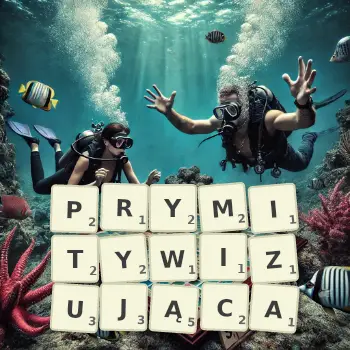 Kreatywna ilustracja do gry w Scrabble ze słowem PRYMITYWIZUJĄCA ułożonym z płytek na planszy.