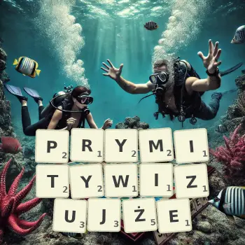 Kreatywna ilustracja do gry w Scrabble ze słowem PRYMITYWIZUJŻE ułożonym z płytek na planszy.