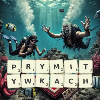 Kreatywna ilustracja do gry w Scrabble ze słowem PRYMITYWKACH ułożonym z płytek na planszy.