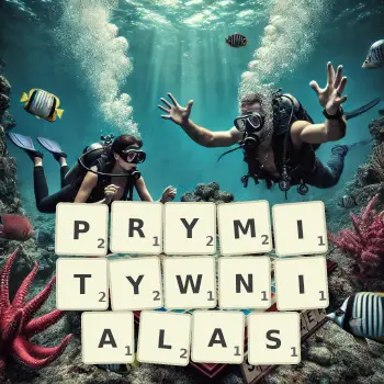 Kreatywna ilustracja do gry w Scrabble ze słowem PRYMITYWNIALAS ułożonym z płytek na planszy.