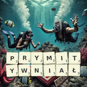 Kreatywna ilustracja do gry w Scrabble ze słowem PRYMITYWNIAŁ ułożonym z płytek na planszy.