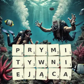 Kreatywna ilustracja do gry w Scrabble ze słowem PRYMITYWNIEJĄCA ułożonym z płytek na planszy.