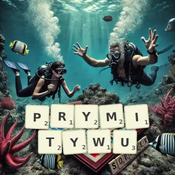 Kreatywna ilustracja do gry w Scrabble ze słowem PRYMITYWU ułożonym z płytek na planszy.