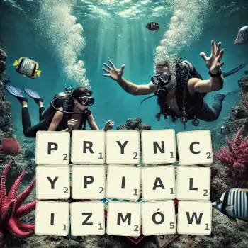 Kreatywna ilustracja do gry w Scrabble ze słowem PRYNCYPIALIZMÓW ułożonym z płytek na planszy.