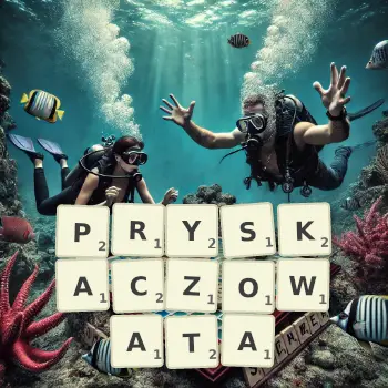 Kreatywna ilustracja do gry w Scrabble ze słowem PRYSKACZOWATA ułożonym z płytek na planszy.