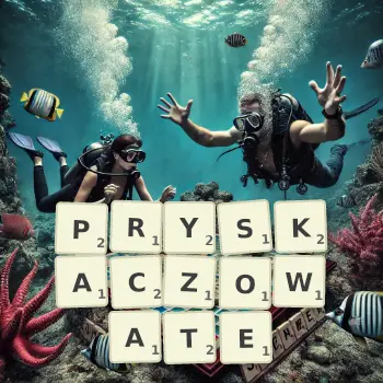 Kreatywna ilustracja do gry w Scrabble ze słowem PRYSKACZOWATE ułożonym z płytek na planszy.