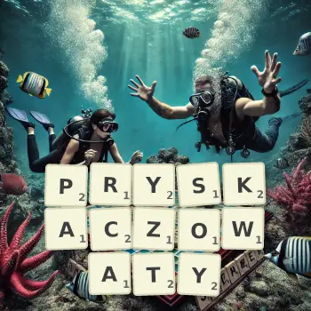 Kreatywna ilustracja do gry w Scrabble ze słowem PRYSKACZOWATY ułożonym z płytek na planszy.