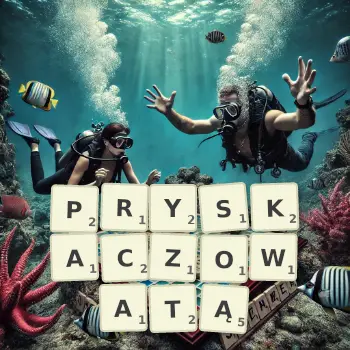 Kreatywna ilustracja do gry w Scrabble ze słowem PRYSKACZOWATĄ ułożonym z płytek na planszy.