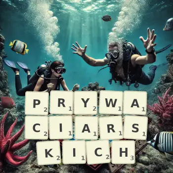 Kreatywna ilustracja do gry w Scrabble ze słowem PRYWACIARSKICH ułożonym z płytek na planszy.