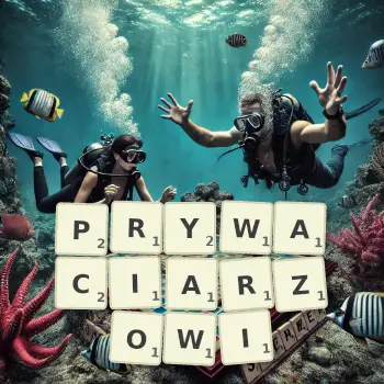 Kreatywna ilustracja do gry w Scrabble ze słowem PRYWACIARZOWI ułożonym z płytek na planszy.