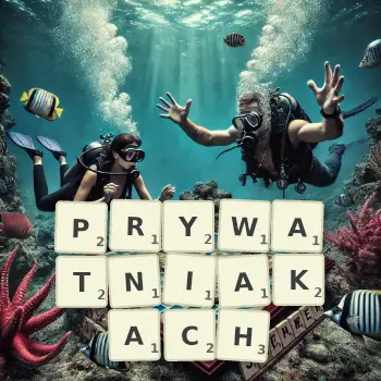 Kreatywna ilustracja do gry w Scrabble ze słowem PRYWATNIAKACH ułożonym z płytek na planszy.