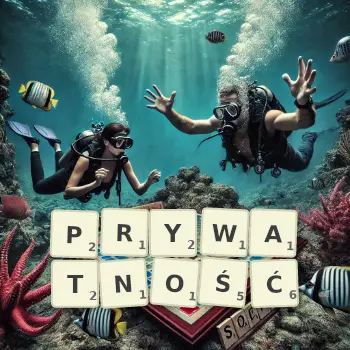 Kreatywna ilustracja do gry w Scrabble ze słowem PRYWATNOŚĆ ułożonym z płytek na planszy.
