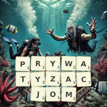 Kreatywna ilustracja do gry w Scrabble ze słowem PRYWATYZACJOM ułożonym z płytek na planszy.