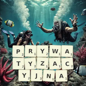 Kreatywna ilustracja do gry w Scrabble ze słowem PRYWATYZACYJNA ułożonym z płytek na planszy.