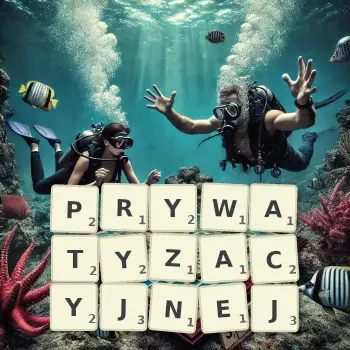 Kreatywna ilustracja do gry w Scrabble ze słowem PRYWATYZACYJNEJ ułożonym z płytek na planszy.