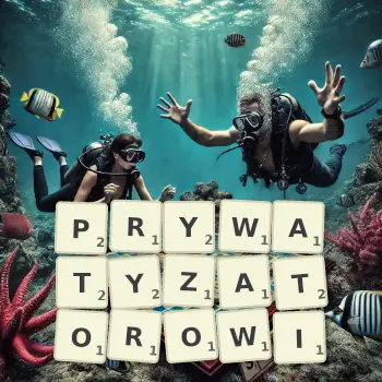 Kreatywna ilustracja do gry w Scrabble ze słowem PRYWATYZATOROWI ułożonym z płytek na planszy.
