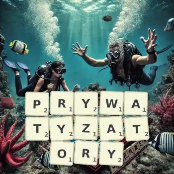 Kreatywna ilustracja do gry w Scrabble ze słowem PRYWATYZATORY ułożonym z płytek na planszy.