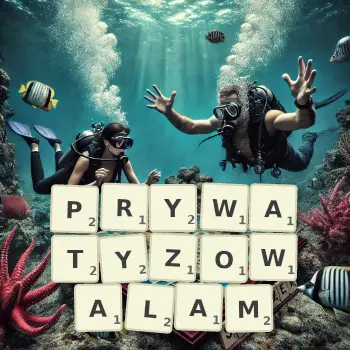 Kreatywna ilustracja do gry w Scrabble ze słowem PRYWATYZOWALAM ułożonym z płytek na planszy.