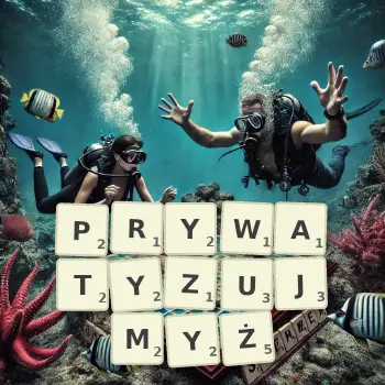 Kreatywna ilustracja do gry w Scrabble ze słowem PRYWATYZUJMYŻ ułożonym z płytek na planszy.
