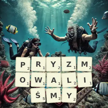 Kreatywna ilustracja do gry w Scrabble ze słowem PRYZMOWALIŚMY ułożonym z płytek na planszy.