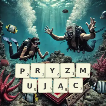 Kreatywna ilustracja do gry w Scrabble ze słowem PRYZMUJĄC ułożonym z płytek na planszy.