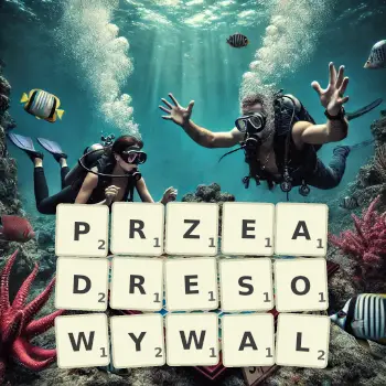 Kreatywna ilustracja do gry w Scrabble ze słowem PRZEADRESOWYWAL ułożonym z płytek na planszy.
