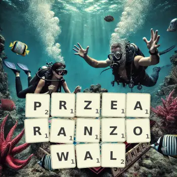 Kreatywna ilustracja do gry w Scrabble ze słowem PRZEARANZOWAL ułożonym z płytek na planszy.