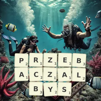 Kreatywna ilustracja do gry w Scrabble ze słowem PRZEBACZALBYS ułożonym z płytek na planszy.