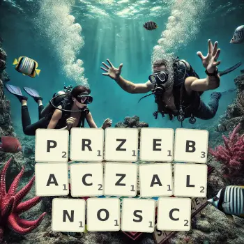Kreatywna ilustracja do gry w Scrabble ze słowem PRZEBACZALNOSC ułożonym z płytek na planszy.