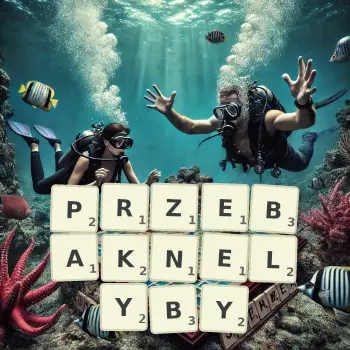 Kreatywna ilustracja do gry w Scrabble ze słowem PRZEBAKNELYBY ułożonym z płytek na planszy.