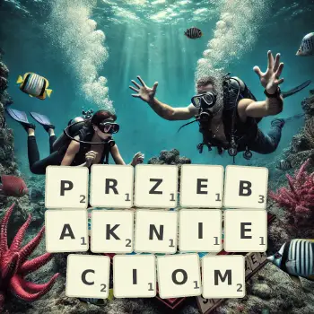 Kreatywna ilustracja do gry w Scrabble ze słowem PRZEBAKNIECIOM ułożonym z płytek na planszy.