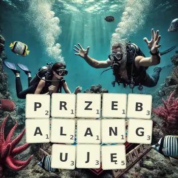 Kreatywna ilustracja do gry w Scrabble ze słowem PRZEBALANGUJĘ ułożonym z płytek na planszy.