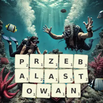 Kreatywna ilustracja do gry w Scrabble ze słowem PRZEBALASTOWAN ułożonym z płytek na planszy.