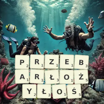 Kreatywna ilustracja do gry w Scrabble ze słowem PRZEBARŁOŻYŁOŚ ułożonym z płytek na planszy.